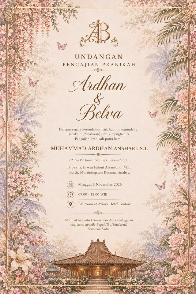 Undangan Pengajian Pranikah Ardhan dan Belva: Minggu, 1 November 2026, pukul 09.00 sampai 12.00 WIB, Ballroom at Aviary Hotel Bintaro